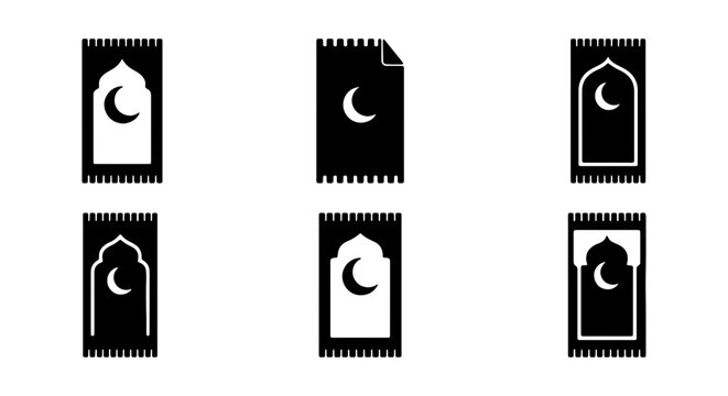Islamic Prayer Mat Icons, Crescent Moon Symbol, Religious Worship Vector Set