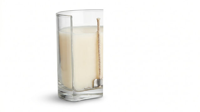 Clear glass with milky liquid and a wooden stirrer on white background