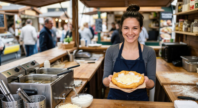 Woman holding a fresh l&aacute;ngos at a street food market. Traditional Hungarian fried bread