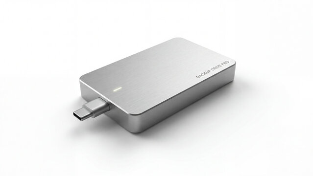 Modern silver external hard drive data storage and technology concept