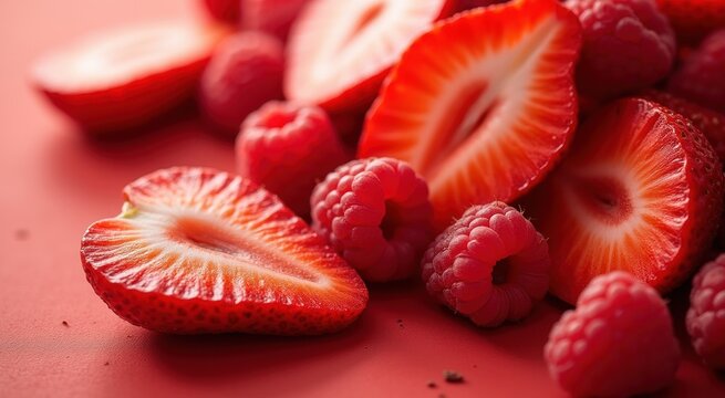 Strawberries and raspberries are on a red surface food background