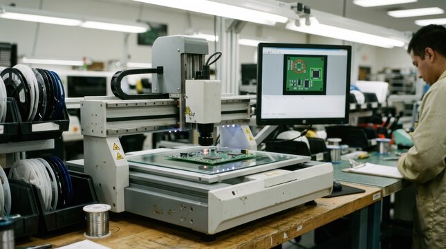 Medium shot of a benchtop AOI device analyzing circuit boards under bright lighting detecting soldering flaws and alignment issues in a controlled testing environment.