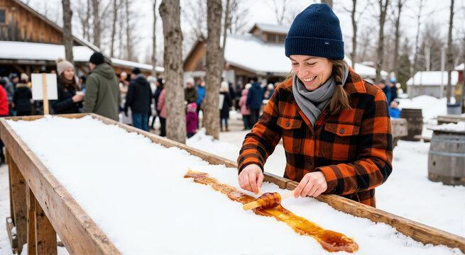 Woman rolling maple taffy on snow. Winter festival food activity