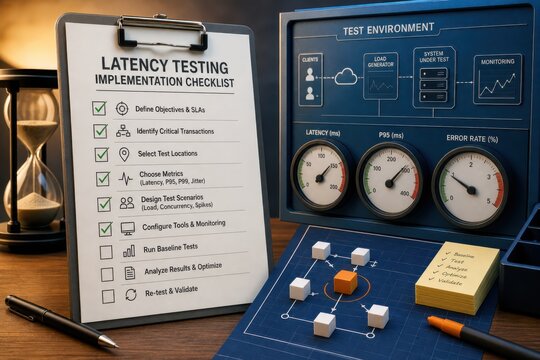 Latency testing checklist with monitoring dashboard and performance metrics for software quality assurance