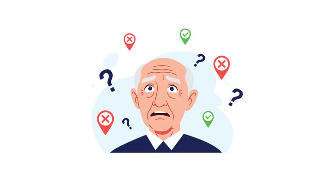 Confused elderly man surrounded by question marks and location pins representing memory loss or navigation difficulties.