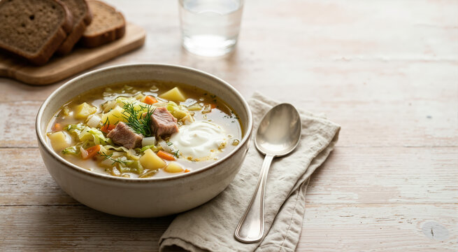 Bowl of traditional Russian shchi cabbage soup on a wooden table. Hearty vegetable soup with meat and sour cream