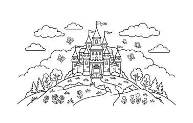 Naklejka premium Whimsical castle illustration on a hill with butterflies and flowers