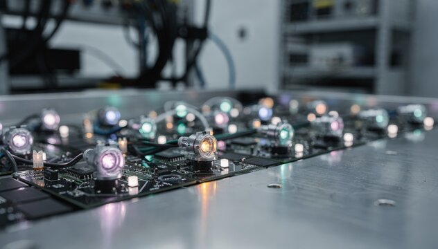 Dynamic medium shot capturing AIdriven lights adapting in realtime during a controlled testing mode emphasizing precision sensors with an outoffocus environment.