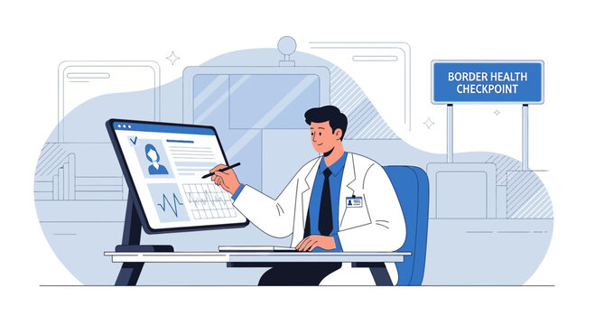 Doctor reviewing patient health record on computer at border health checkpoint