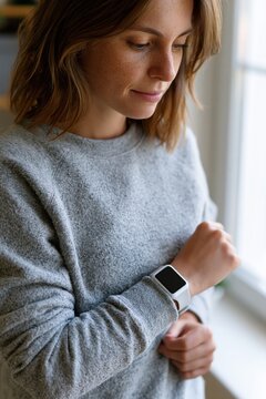 Remote project manager taking a break by window wearing smartwatch and activewear