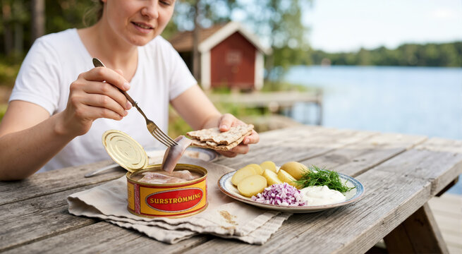 Woman eating surstromming with flatbread by a lake. Traditional Swedish outdoor meal