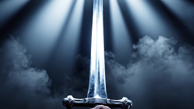 Tracking tilt up of warrior raising sword into beam of light in smoky dark hall with dramatic upward reveal
