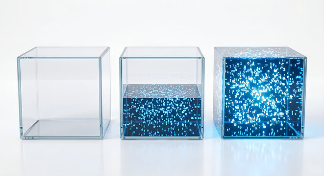 Digital data storage and transformation concept: Glass cubes progressively filling with glowing blue binary code isolated on white