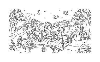 Obraz premium Kids skipping along a snowy bridge in a winter village with lanterns, snowmen, and happy birds perched nearby, black and white