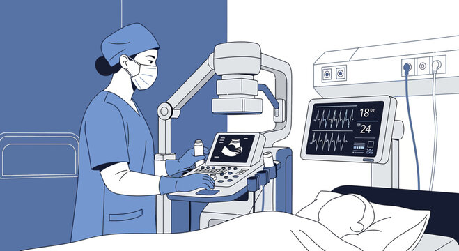 Doctor operating ultrasound machine on patient in modern hospital room with vital signs monitor
