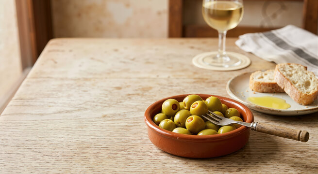 Bowl of green olives with a fork on a wooden table. Mediterranean appetizer with bread and white wine. Copy space