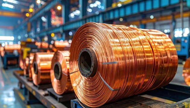 Large Copper Wiring Spools Stacked Neatly in an Industrial Factory Setting
