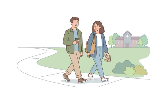 Two parents walking familiar school path during early day, minimal sidewalk line and relaxed expressions emphasizing everyday