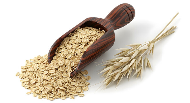 Organic rolled oats in wooden scoop with dry cereal ear, healthy oatmeal flakes for breakfast, raw whole grain groats isolated on white background