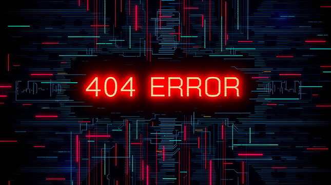 Bright red neon glowing text displaying a four zero four error message on a dark digital computer network abstract background
