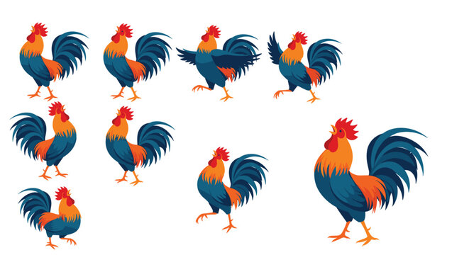 Colorful rooster character animation poses and movement sequence collection on white background for game assets.