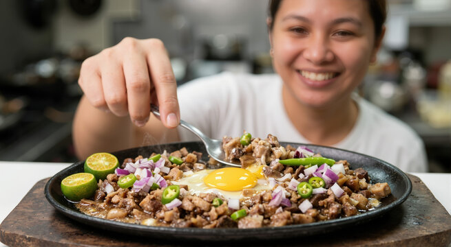 Woman eating sizzling sisig with egg in a restaurant. Filipino pork dish served on a hot plate