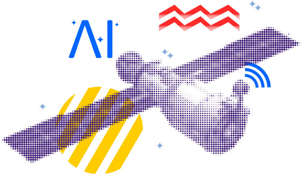 ai satellite technology halftone vector illustration with abstract geometric digital elements on transparent background for technology branding, business presentation and futuristic digital projects.