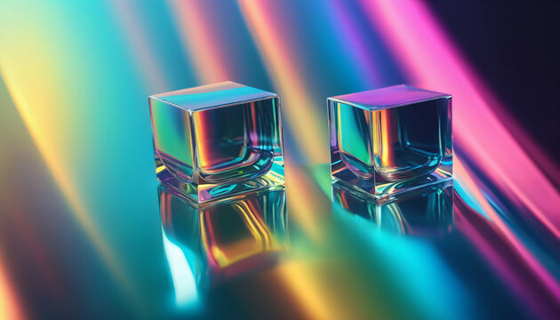 Two glass cubes on abstract colorful holographic neon surface with reflection