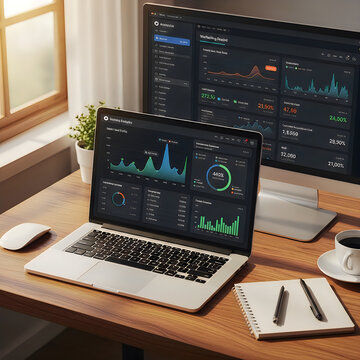 Modern workspace with analytics dashboard on laptop