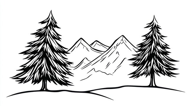 Mountain landscape with pine trees, line art