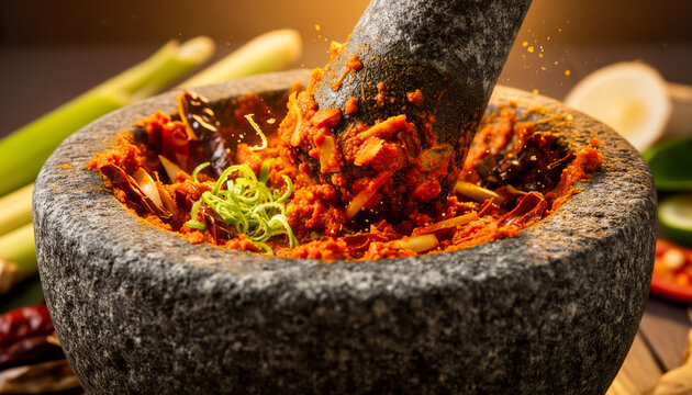Close up of a traditional black stone mortar and pestle crushing fiery red hot chili peppers and fresh green herbs to make spicy homemade seasoning paste