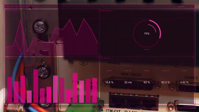 Magenta HUD appearing over metal back panel with blue or red cables, meters filling, readouts updati