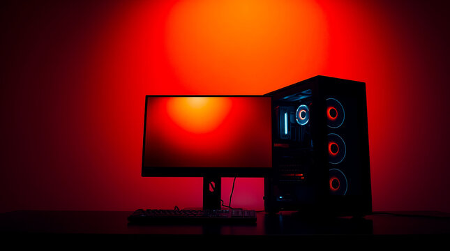 Modern gaming computer setup featuring a sleek desktop tower and a monitor illuminated by vibrant red and orange studio lighting