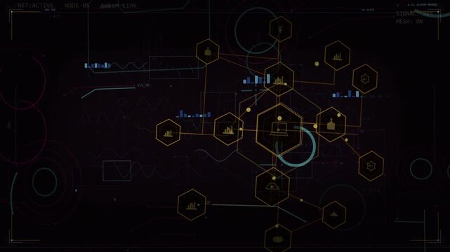 Faint pulse initiating HUD hex hub forming, cyan arc rotating, markers pulsing visualizing flow