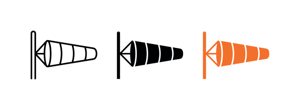 Blustery outcome represented by a windsock stretched outward on a pole shape, identical geometry displayed in a horizontal trio