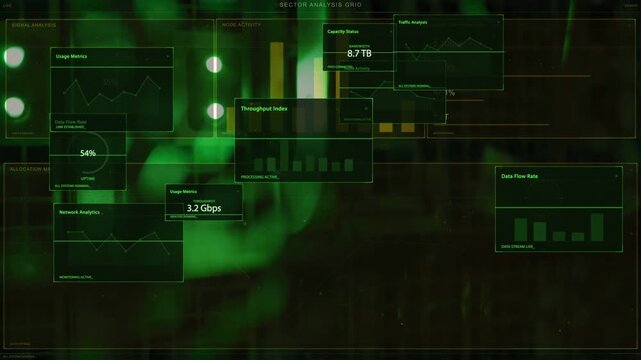 Green LEDs powering rack HUD panels stacking, readouts updating, face emerging to show throughput