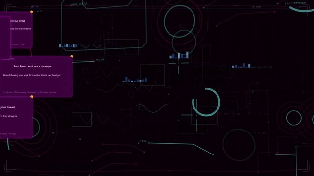 Purple notification sliding in from left, HUD shifting and pulsing, indicating new alerts