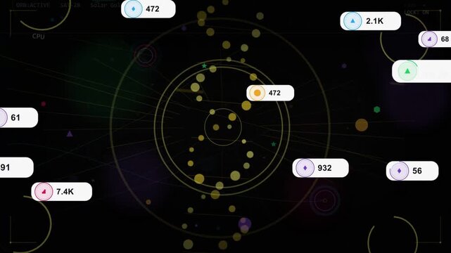 Center target showing flowing particles on badge change, forming vertical spiral updating metrics