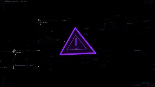 Neon purple alert triangle appearing, expanding center as HUD populating on scan signaling tracking