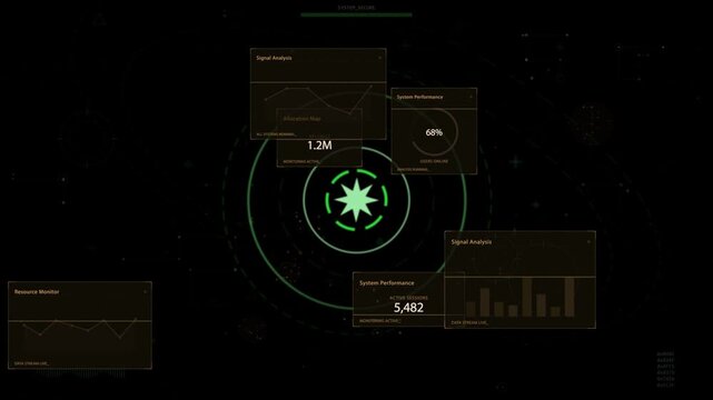 Central green star emblem appearing, starting panels sliding and charts animating monitoring system
