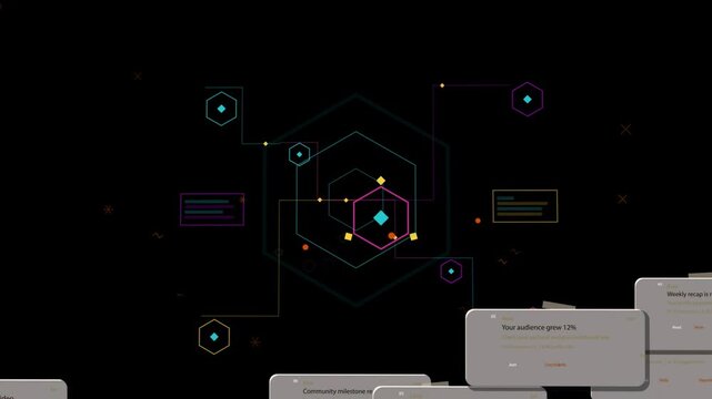 On new events, neon HUD pulsing, rotating while cards sliding up from bottom, showing growth