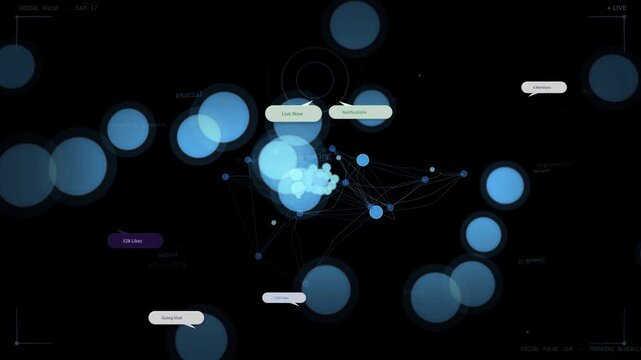 Bright central cluster appearing, drawing blue nodes and links, showing labels and status tags