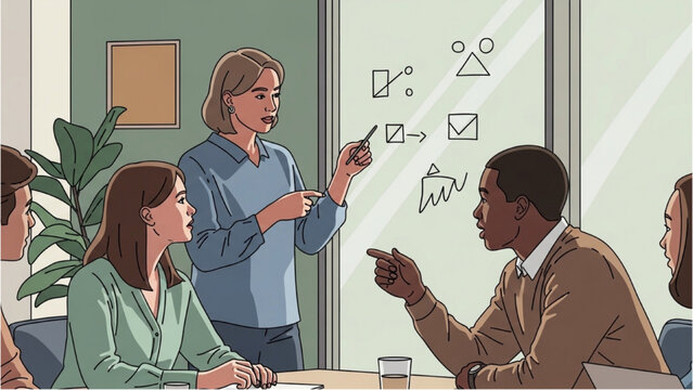 People discuss and brainstorm in a meeting room with graphics