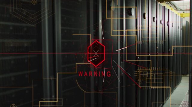 Faint red mark appearing, red hexagon alert pulsing over server rack row WARNING text showing fault