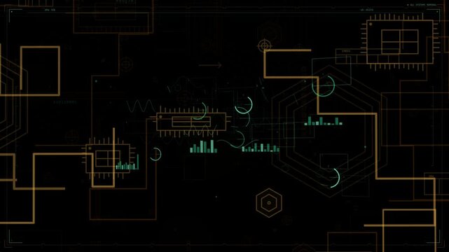 Faint glow starting, HUD drawing gold circuits, hex rings forming, cyan bars pulsing showing status