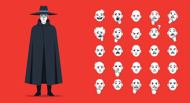 Character in cloak and mask showing a wide variety of facial emotions and head icons on a red colored background.