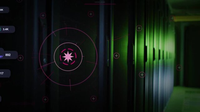 Faint target initiating HUD growth, rings pulsing and badges stacking while monitoring rack status