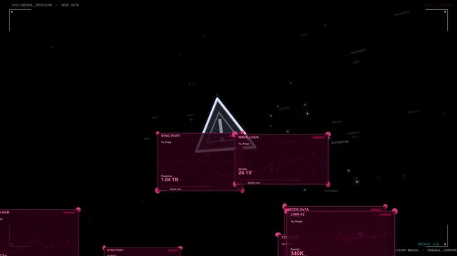 Alert spawning magenta panels sliding and stacking around neon triangle, showing diagnostics HUD