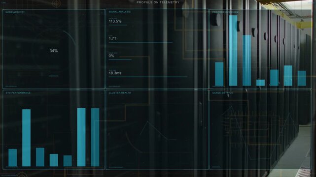 Telemetry overlay appearing over server racks, updating bars and metrics, showing propulsion status