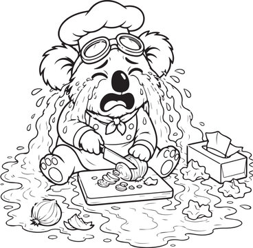 Funny cartoon koala chef crying while cutting onions illustration 